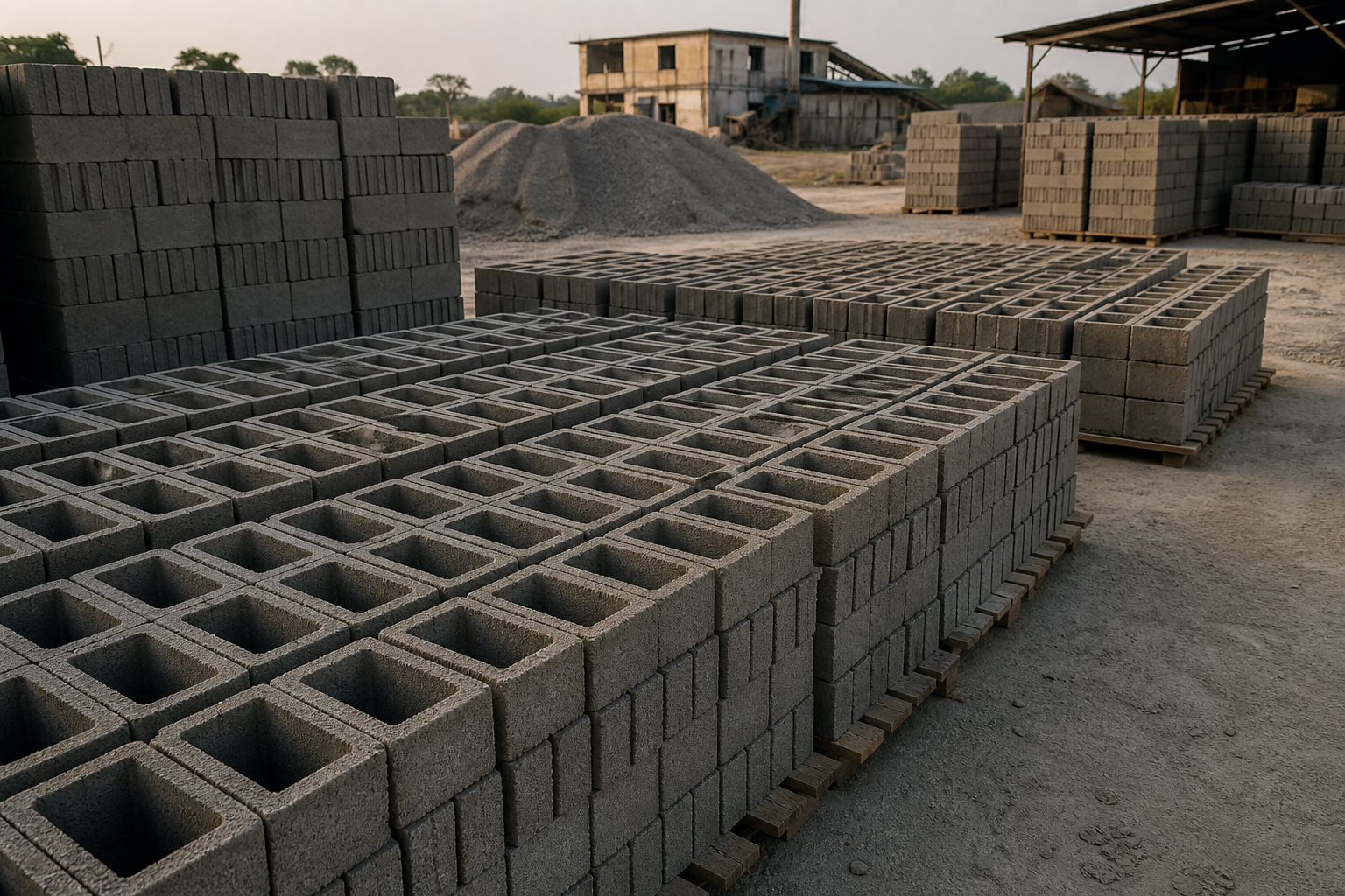 Stacked concrete building blocks in a MEGACITY production yard