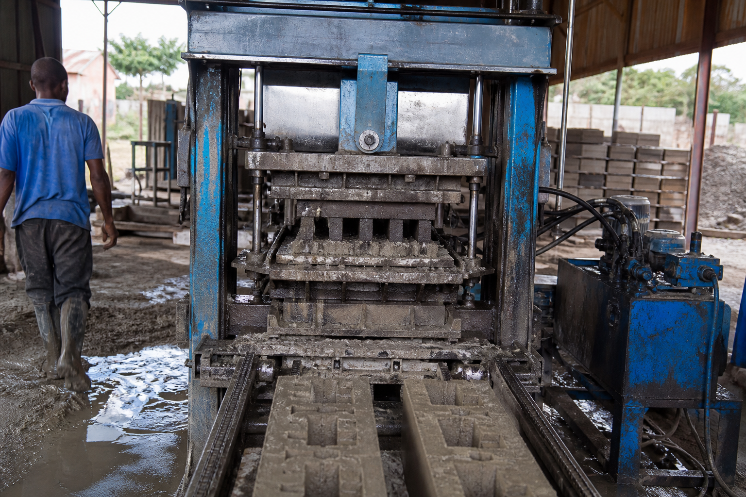 Concrete block moulding equipment on a factory floor
